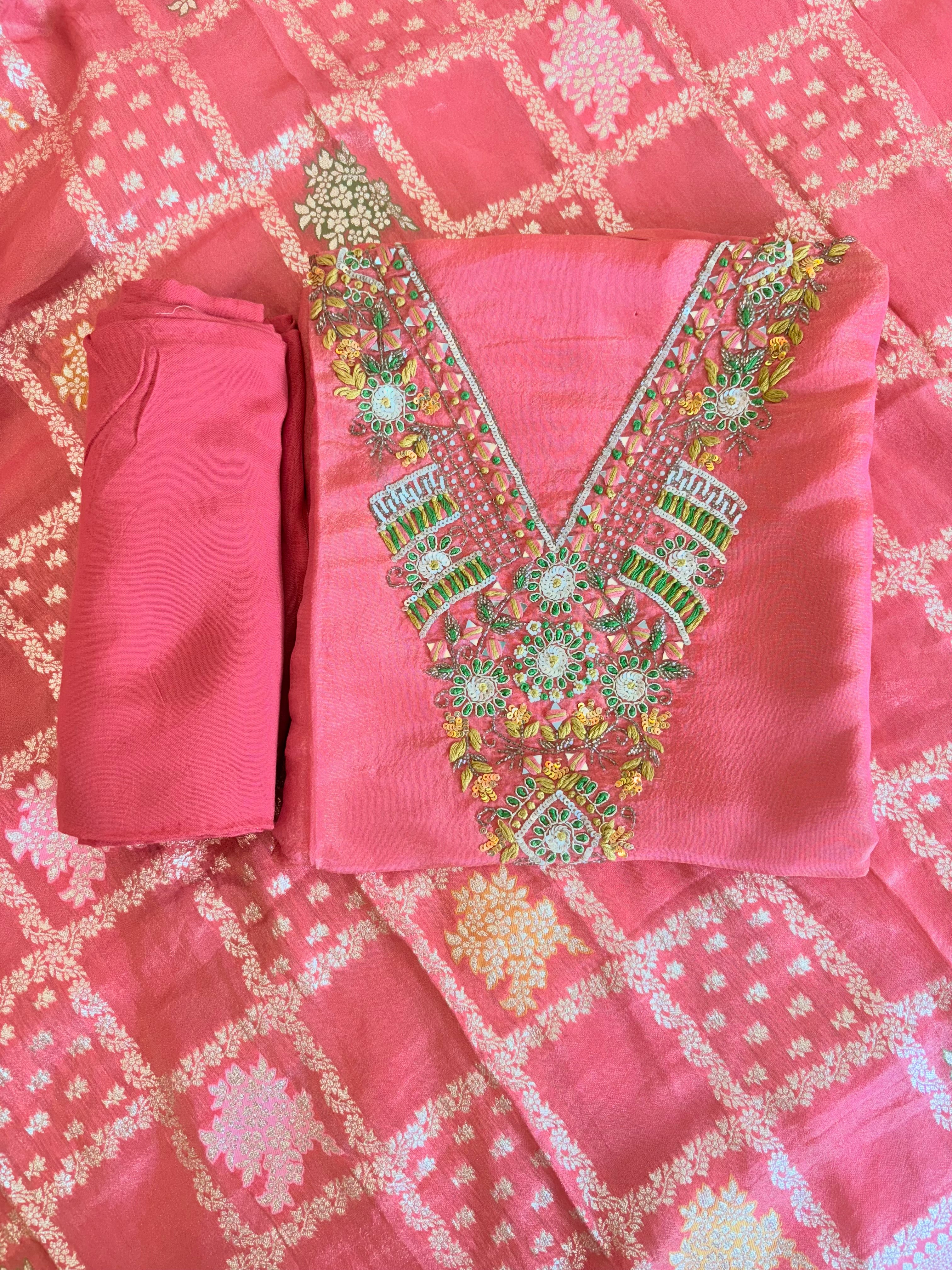 Pink Embroidered Silk Suit with Banarasi Dupatta